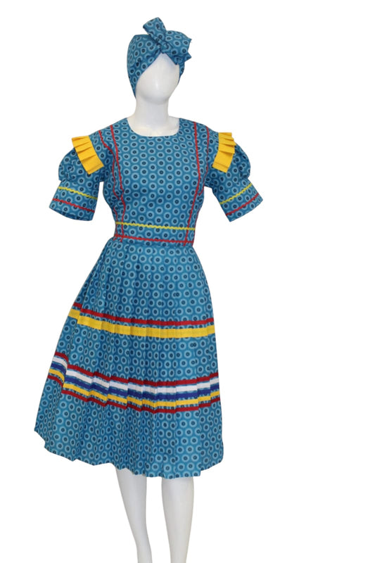 Ladies Traditional Dress with Pleads- Blue